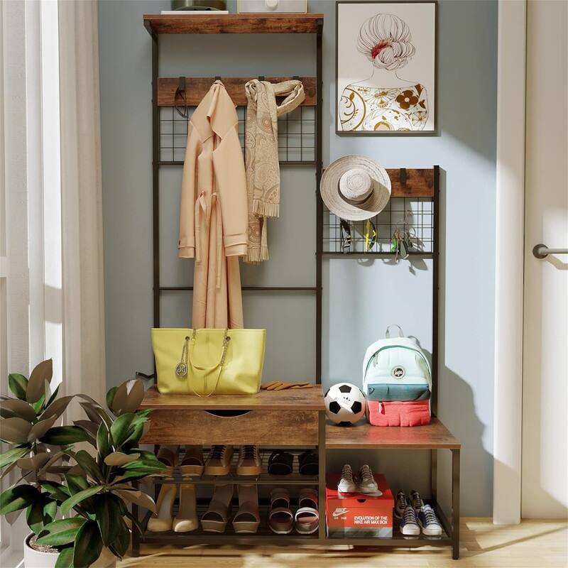 4-in-1 Hall Tree with Storage Drawer - 39.37 x 70.87 x 15 - Antique Brown