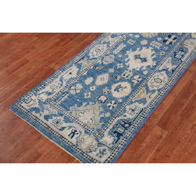Hand Knotted Oriental 100% Wool Carpet Transitional All-Over Navy Blue & Blues Oushak Runner Rug - 16' 7'' X 2' 7''