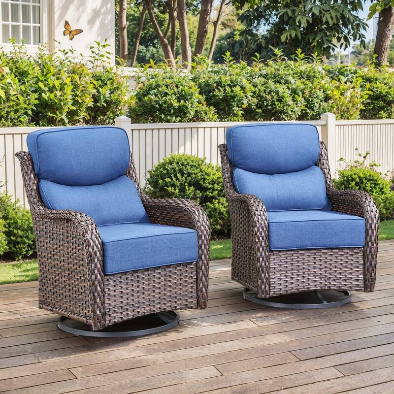 Outdoor Swivel Wicker Patio Chairs Set of 2 - Swivel Chair - Brown Rattan - Blue Cushion