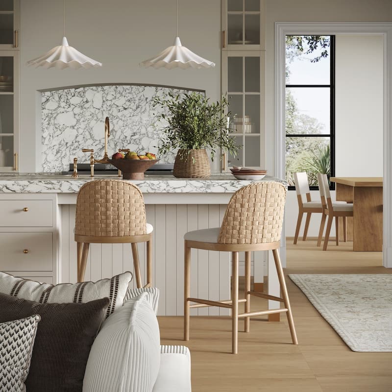 Rikki Seagrass Bar Stool with Back, Cream Boucle Counter Stool with Upholstered Seat and Solid Wood Legs