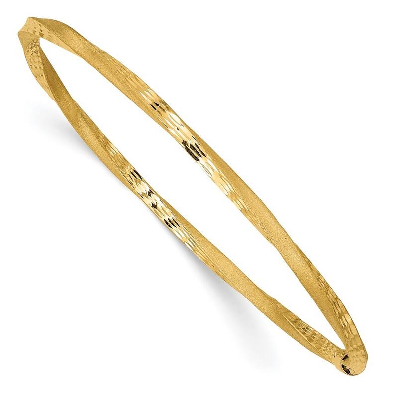 Curata 14k Yellow Gold 3mm Satin Finish Sparkle Cut Twist Slip on Stackable Bangle Bracelet