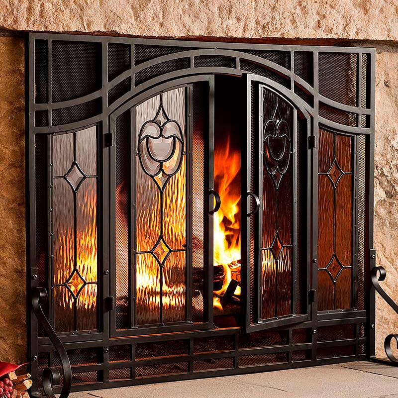 Small Two-Door Fireplace Screen with Glass Floral Panels - Black
