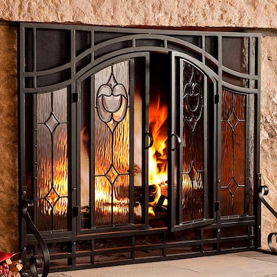 Small Two-Door Fireplace Screen with Glass Floral Panels - Black