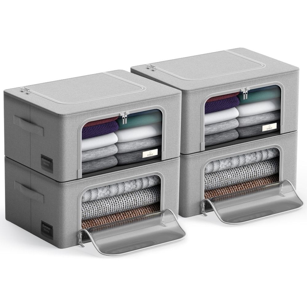 Sorbus Storage Bins with Metal Frame Stackable Foldable Clothes Organizer Bags Oxford Fabric & Clear Window & Handles- 4Pk