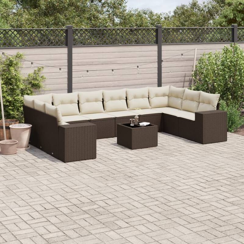 vidaXL Patio Sofa Set with Cushions Outdoor Conversation Furniture Poly Rattan - Brown and cream 11pcs - 24.4 x 36.6 x 27.2