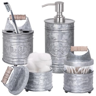 Autumn Alley Bathroom Accessories Set 4 - Galvanized Farmhouse Soap Dispenser, Toothbrush Holder, 2 Apothecary Jars