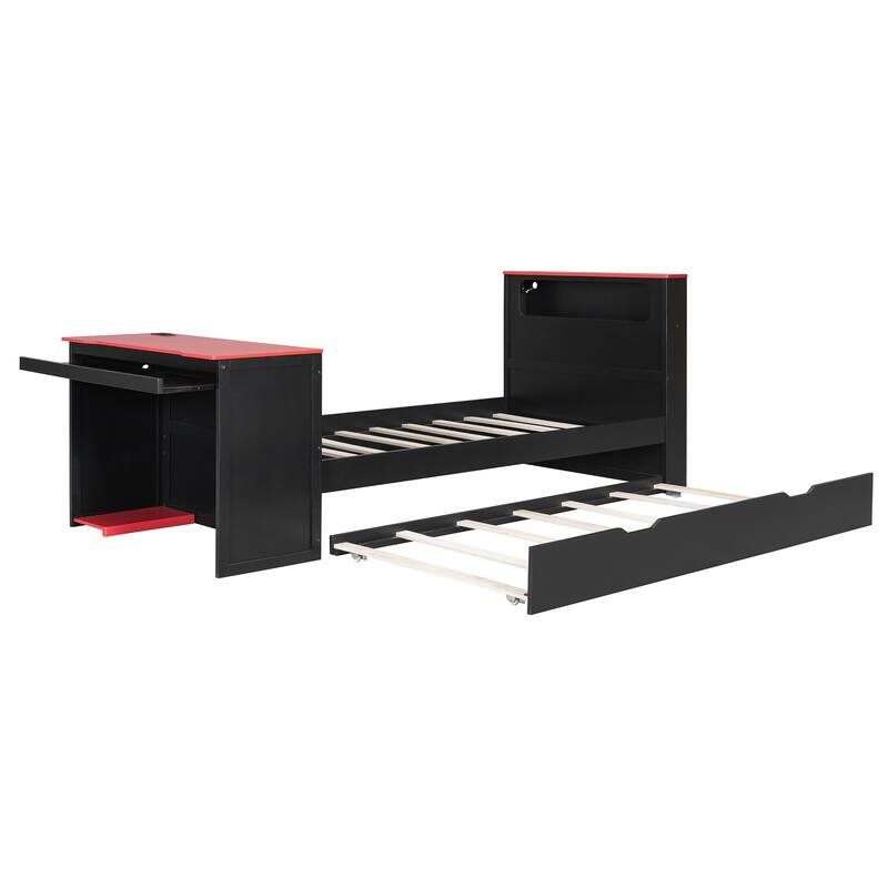 Wood Daybed with Trundle & Built-in Desk, LED Lights & USB Charging Port, Available in Full or Twin