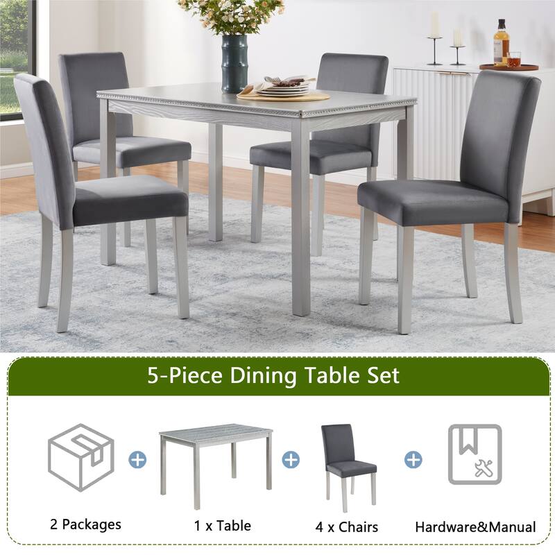 5 Piece Wooden Dining Table Set, Table Set with a Rectangular Table and 4 Upholstered Chairs, Table with Crystal Decoration