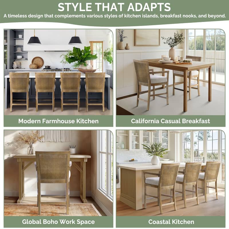 Madison Park Diedra Reclaimed Wood Counter Stool with Natural Rattan Back and Upholstered Seat