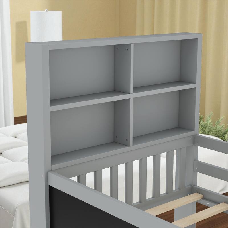 Twin/Full Solid Wood Platform Bed with Chalkboard Headboard, Storage Drawers and Shelves, Space-Saving Kids Bed