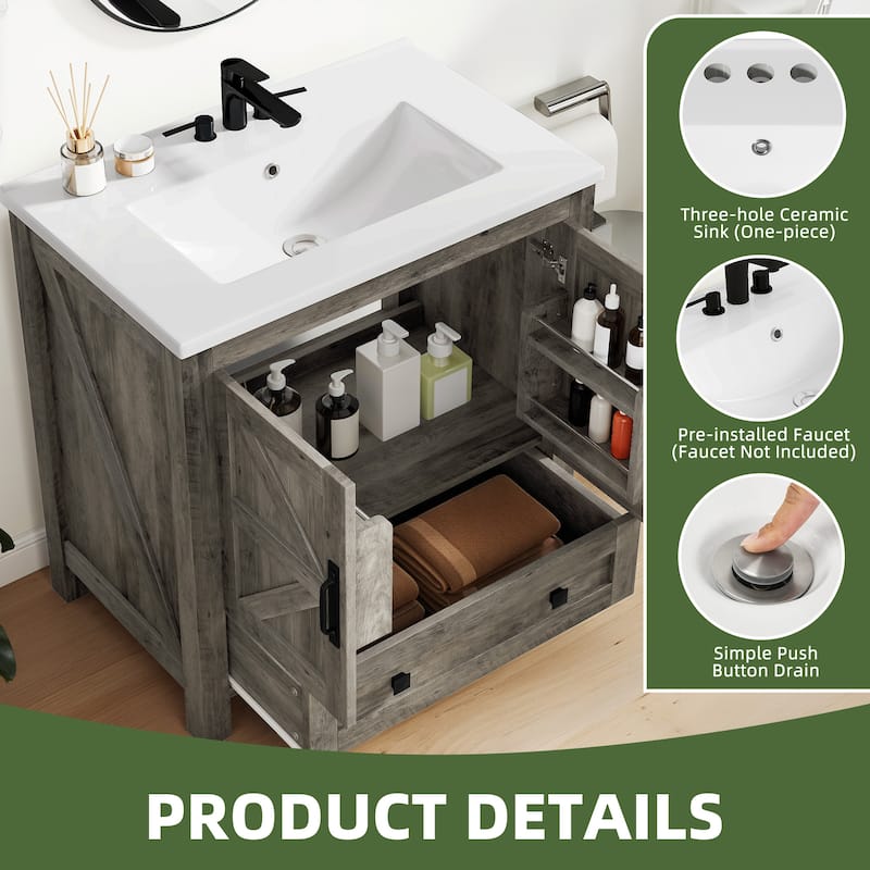 Moasis 30 Inch Farmhouse Bathroom Vanity with Sink and Barn Door Storage for Small Spaces
