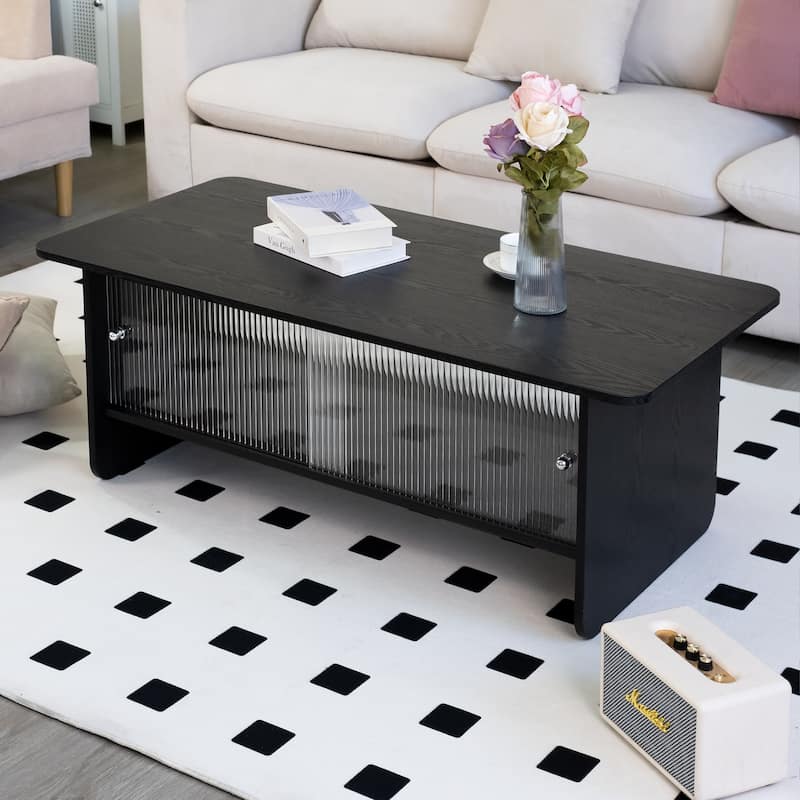 GDFStudio Velmorian Solid Wood Frame Coffee Table with Fluted Glass Sliding Doors and Storage Center