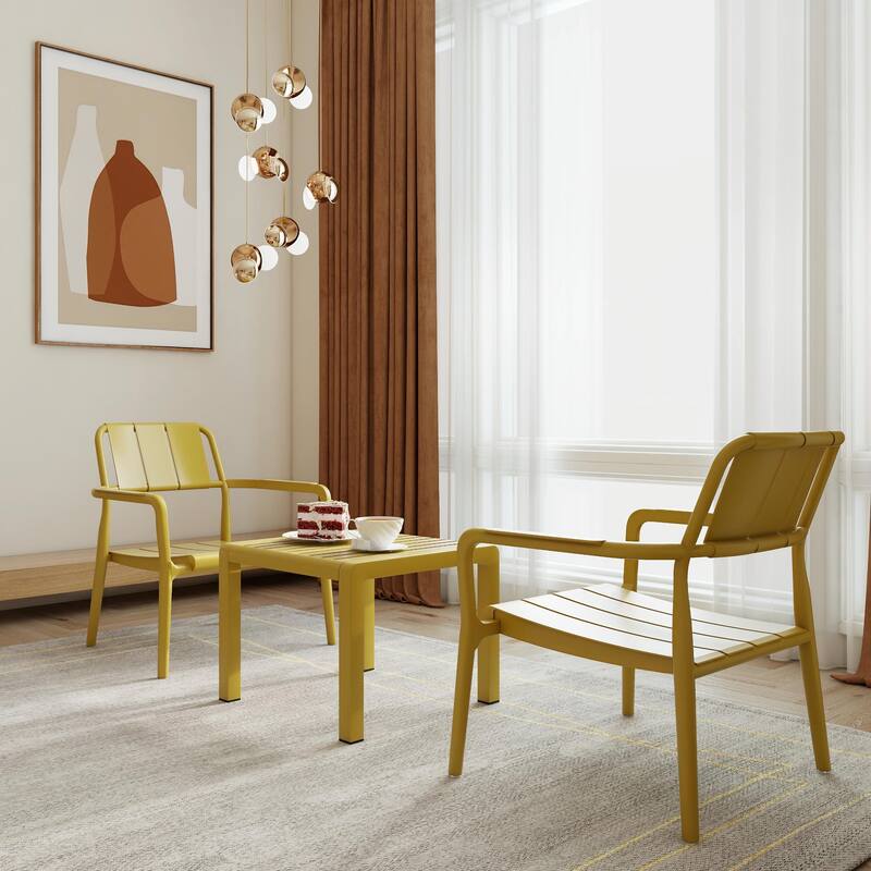Commercial-Grade PP Chair Set with Coffee Table - No Assembly - Yellow - 2 Chairs + 1 Table