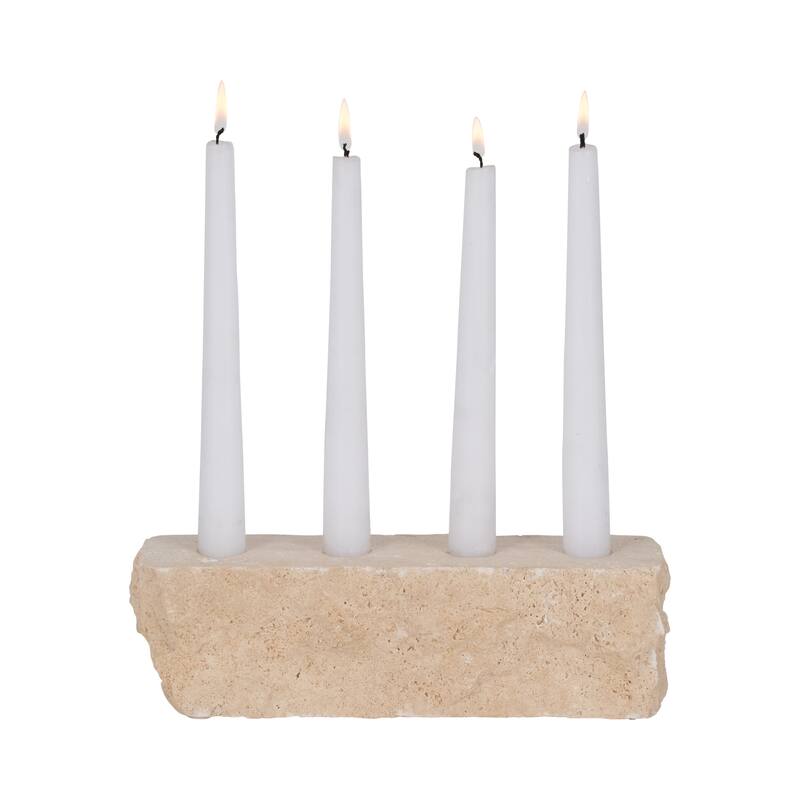 Tan 10 in. Travertine Modern Live Edge 4-Taper Candle Holder - 10.0"