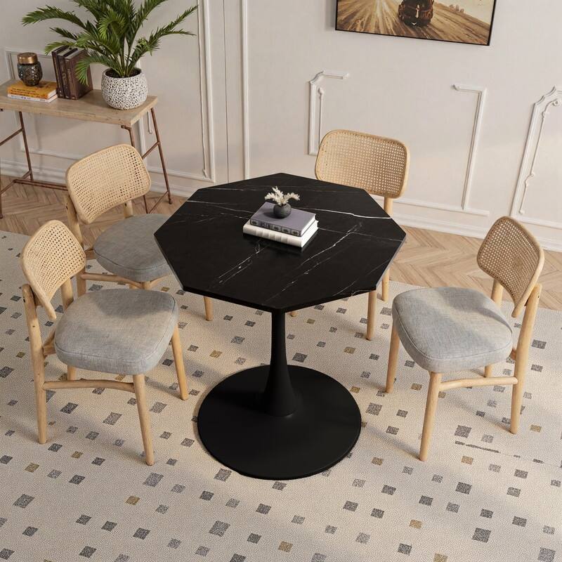 31.5" Modern Octagonal Coffee Table - Printed Black Marble Top & Metal Base