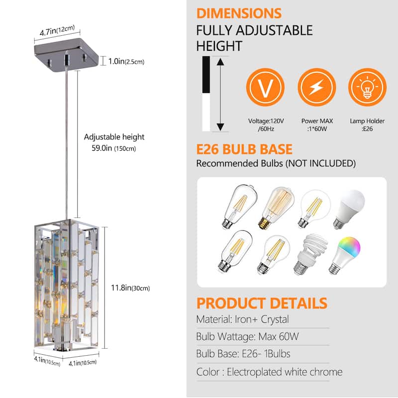 3-Pack Modern Crystal Pendant Lights Adjustable Hanging Lamps for Dining Room Kitchen Island, and Living Room in Chrome Finish