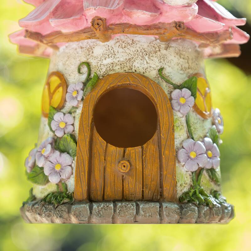 Glitzhome 9''H Resin Pink Yellow Roof Outdoor Garden Birdhouse