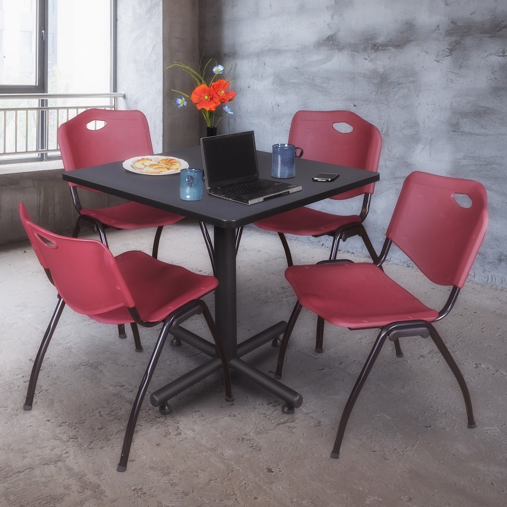 42" Square Breakroom Table- Grey & 4 'M' Stack Chairs- Burgundy - Burgundy, Grey - 42