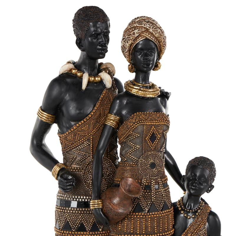 Black Resin Tall African Family Decorative Sculpture with Gold Jewels