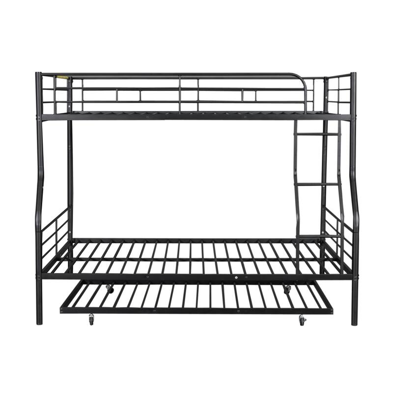 Full XL Over Queen Metal Bunk Bed with Trundle and Guardrail, Convertible to Two Beds
