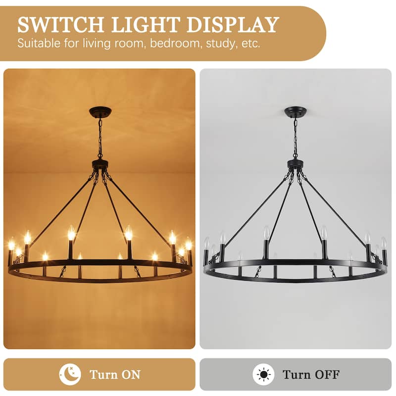 12-light Rustic Farmhouse Wagon Wheel Chandelier for Living Room - W37.99" x H90.55" - N/A