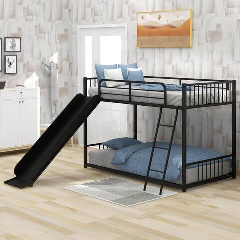Modern and Perfect Minimalist Style Design Black Twin over Twin Metal Bunk Bed with Slide and Streamlined Frame for Bedroom