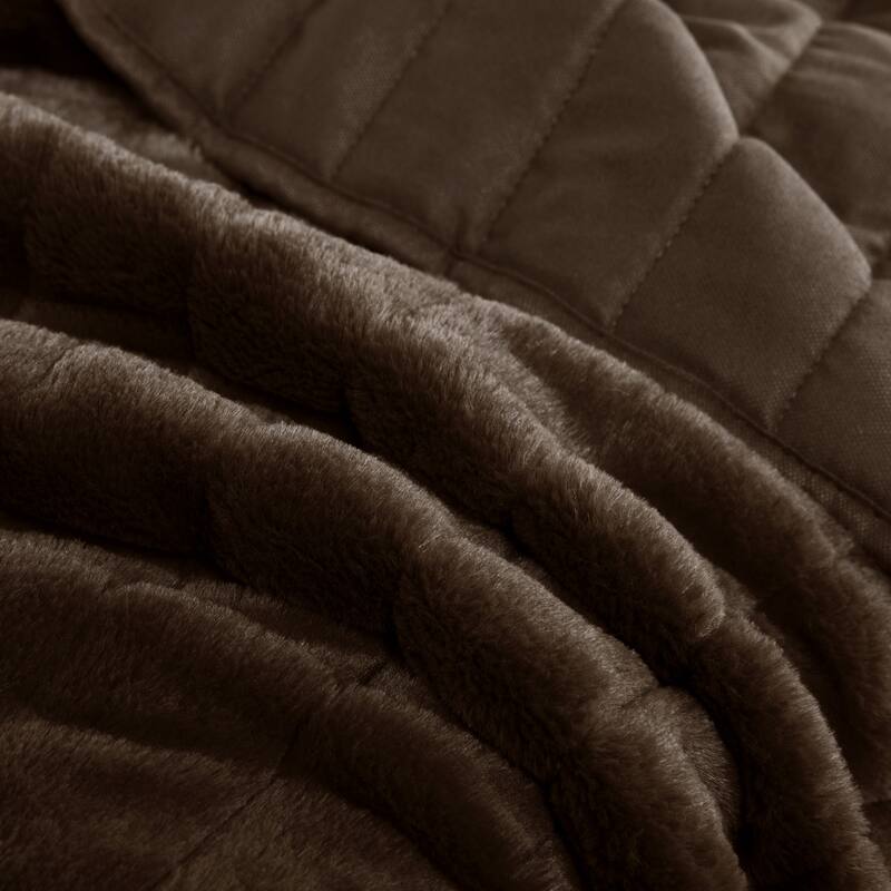 Beaute Solid Faux Fur Quilted Comforter Set,3-piece Reversible lightweight Shaggy Blanket Coverlet Bedding Set