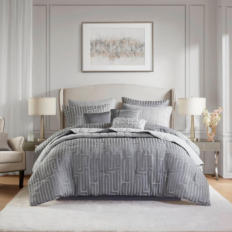 Madison Park Royce 10 Piece Luxury Jacquard Comforter Set - Grey - Queen