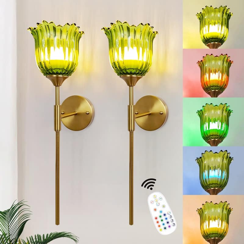 Battery Operated Wallchiere with Remote, Rechargeable Wireless Gold Wall Sconces , RGB Dimmable Light (Set of 2)