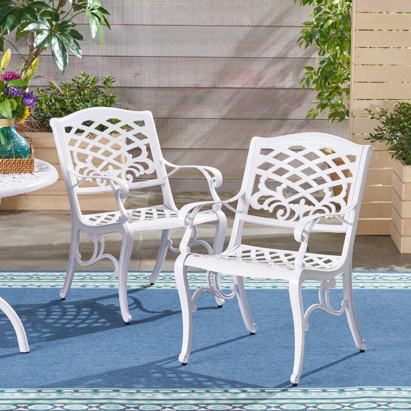 Roomfitters Outdoor Arm Chairs Set of 2, Cast Aluminum Patio Seating, Weather-Resistant Garden Chairs, White