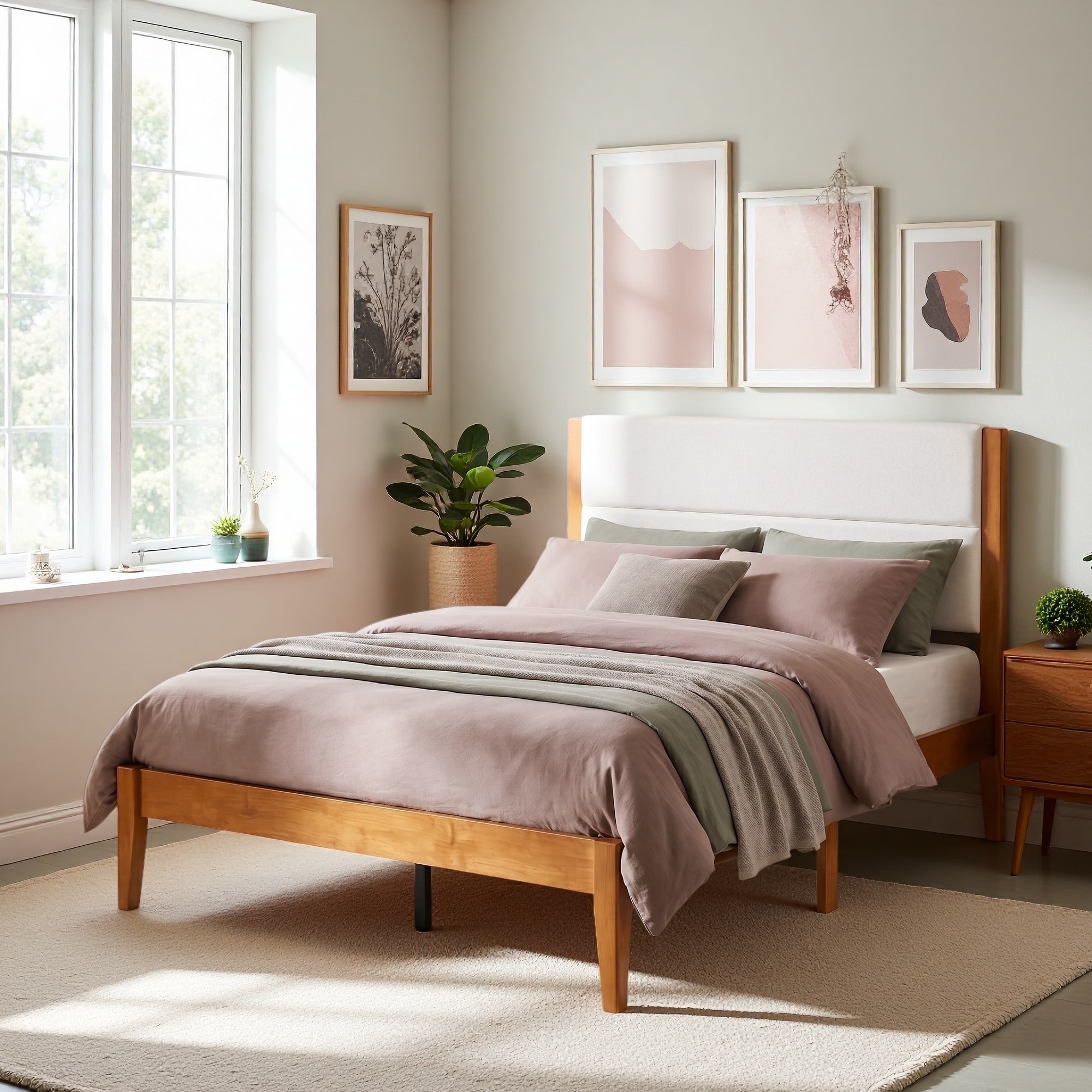 Upholstered Platform Bed with Mid-Century Modern Style and No Box Spring Needed