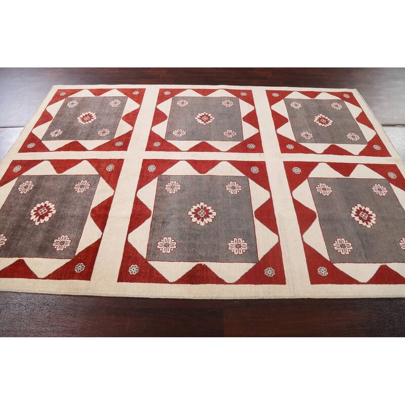 Geometric Gabbeh Kashkoli Area Rug Hand-knotted Oriental Wool Carpet - 6'1" x 8'11"