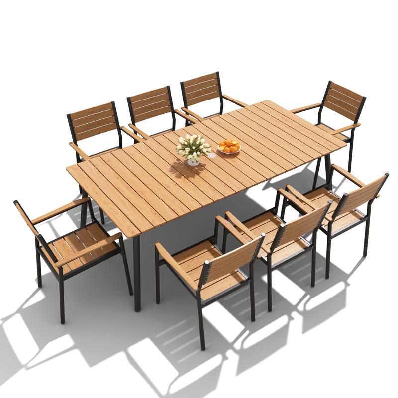 7/9/11-Piece Outdoor Dining Set Aluminum Dining Table with Umbrella Hole and Stackable Chairs - Brown - Set of 9