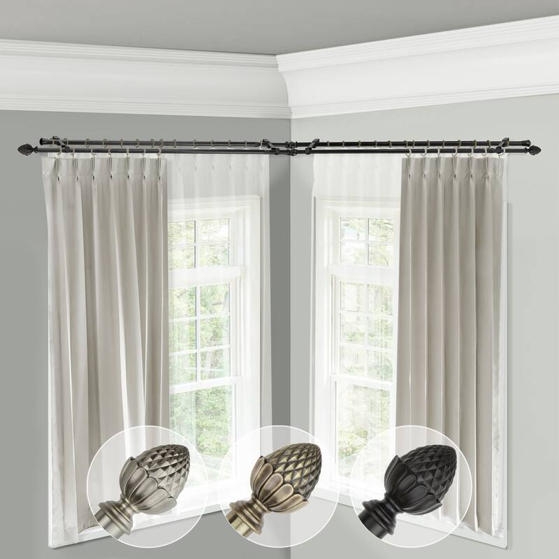 Adjustable Corner Window Curtain Rod - 66 to 120 Inch Double Rod Set - Rustic Black Home Decor - M