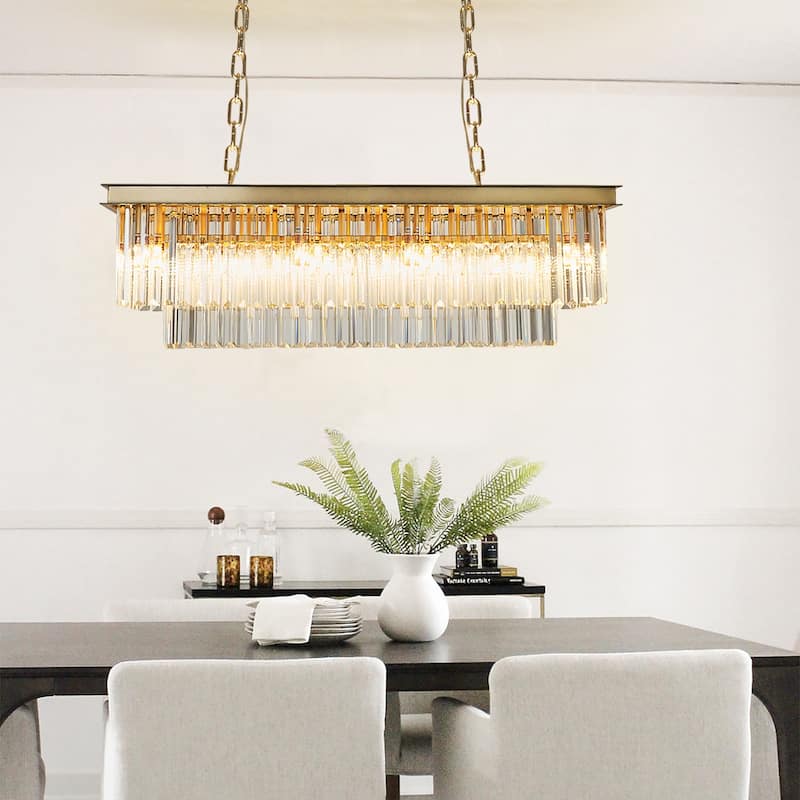 Gold Rectangle Crystal Chandelier, Luxury Pendant Light for Dining Room, Bulbs Included