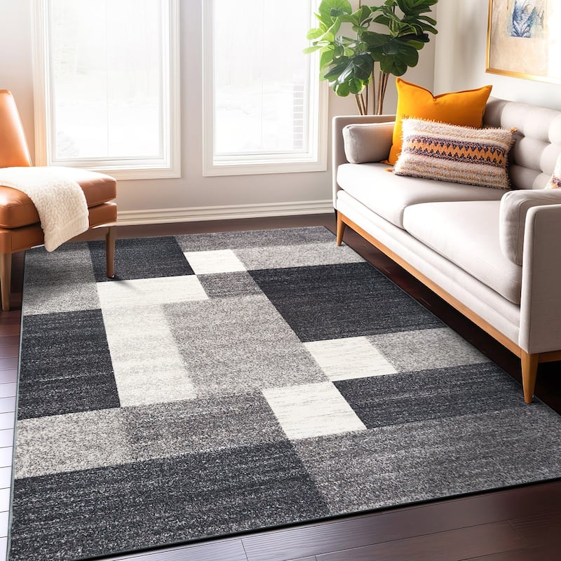 World Rug Gallery Modern Boxes Design Non-slip (Non-skid) Area Rug - 5'3" x 7'3" - Gray