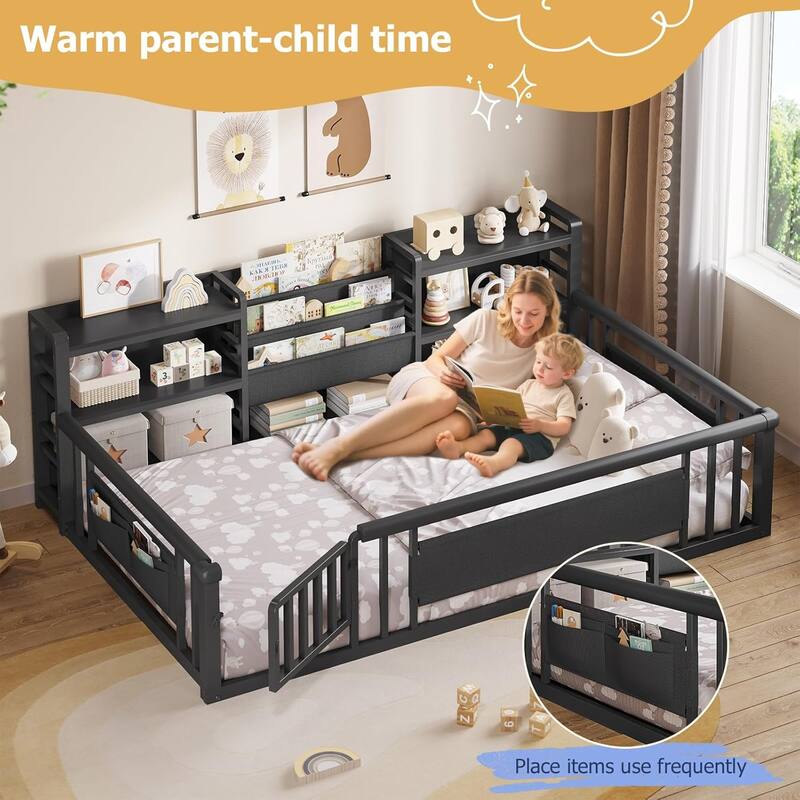 Twin Floor Bed for Kids with High Fence Door Storage Bookcase & Shelf