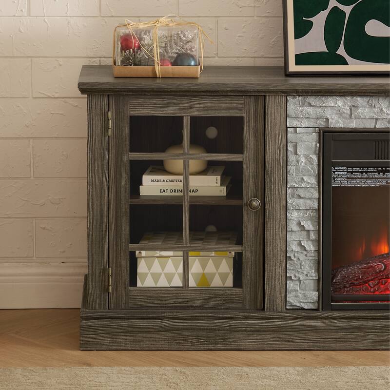 Fireplace TV Stand with 23" Electric Fireplace, Faux Stacked Stone Surround Media Cabinet TV Console for TVs up to 75"