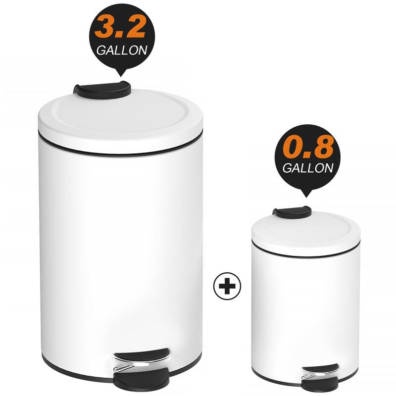 Innovaze 3.2 Gal./12-Liter and 0.8 Gal./3 Liter Stylish Round White Metal Step-on Trash Can Set