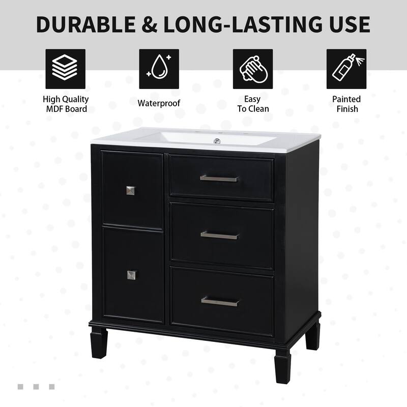 30" Black Bathroom Vanity with Half Moon Ceramic Sink and Flip Out Drawer, Storage Cabinet - 30"W x 18.3"D x 33.9"H