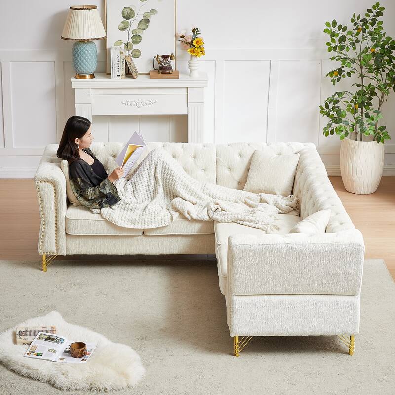 5-Seater Chenille Corner Sofa with Nailhead Trim, L-Shaped Couch for Living Rooms