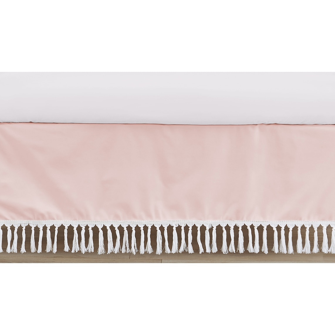 Pink Boho Bohemian Collection Girl Crib Bed Skirt - Solid Color Blush Pink White Farmhouse Chic Minimalist Tassel Fringe Macrame