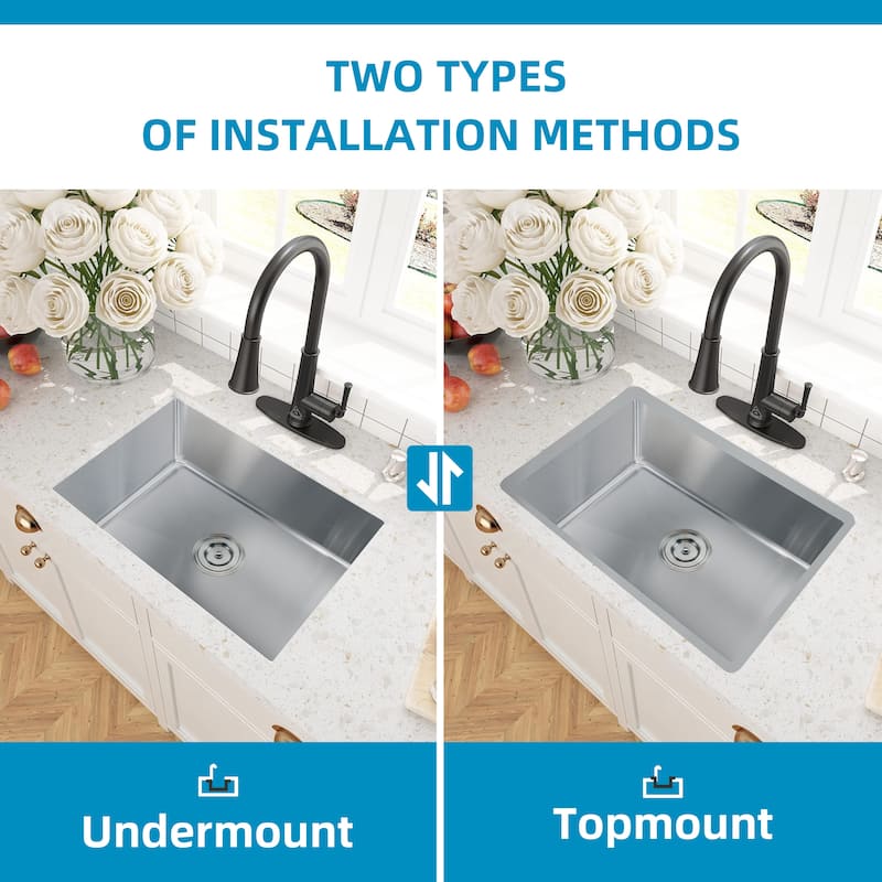 CB HOME 23" Undermount Kitchen Sink, Drop in Single Bowl Kitchen Sink, Stainless Steel Kitchen Sink with Basket Strainer
