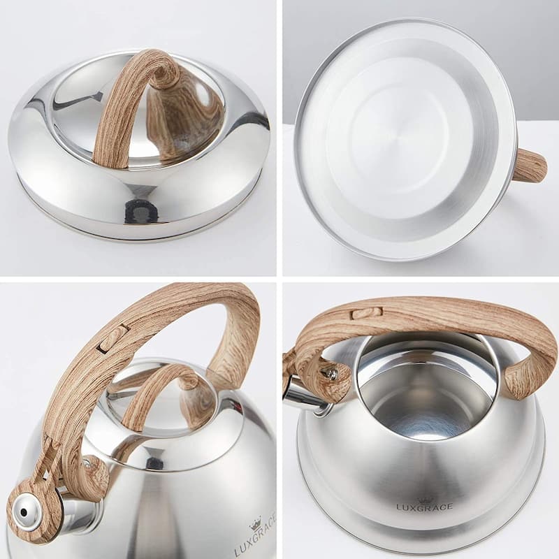 Creative Home 2.3 Qt. Stainless Steel Whistling Tea Kettle Teapot with Ergonomic Wood Rubber Touching Handle, Satin Finish