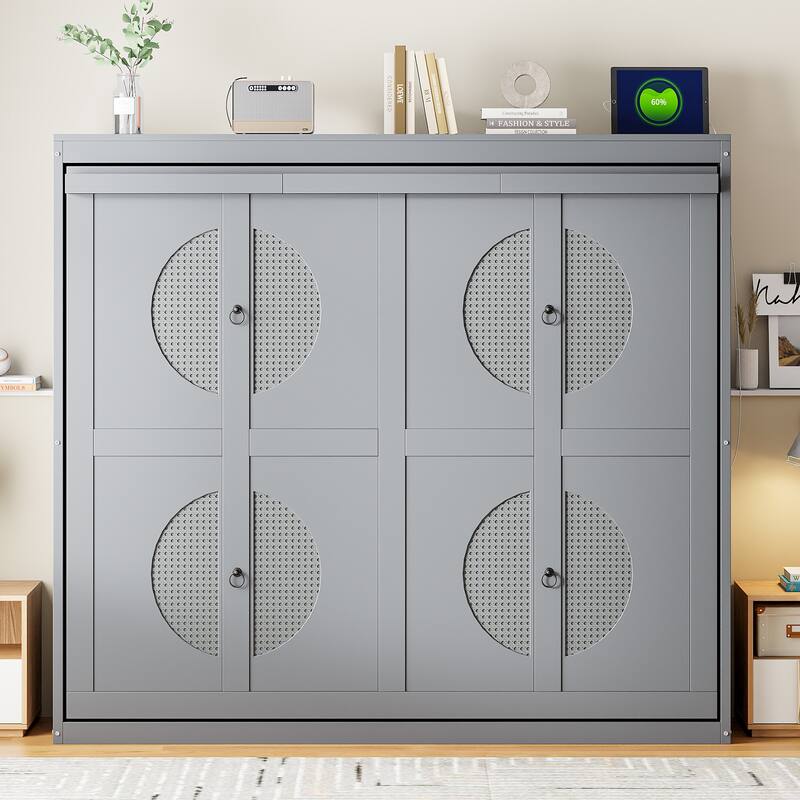 Full Size Murphy Bed with Rattan Design & Dual-Piston Mechanism - Gray