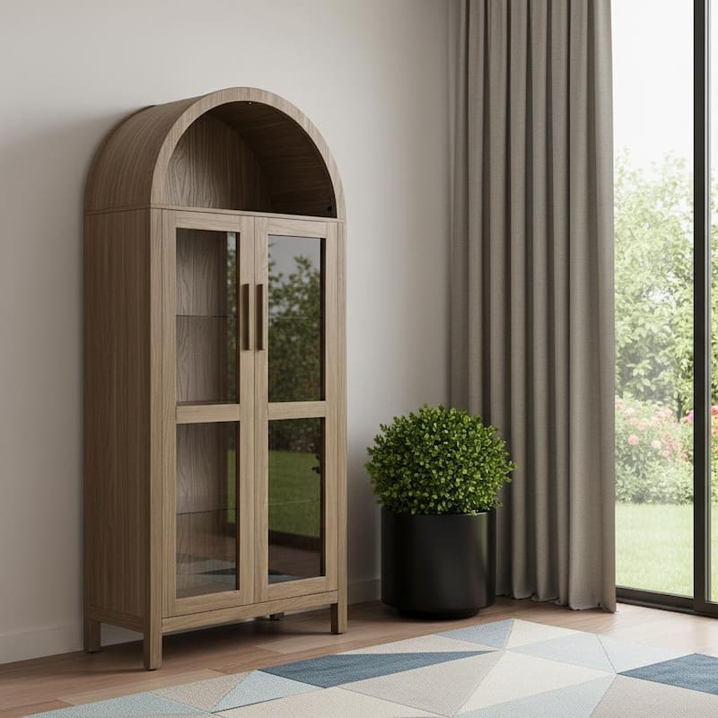 HomeRoots 67" Brown Wood Oval Accent Cabinet With Two Doors - Brown