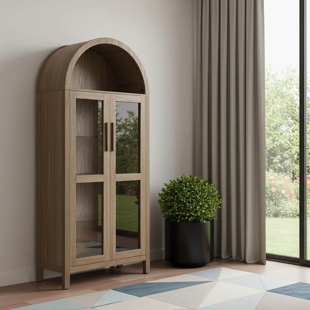 HomeRoots 67" Brown Wood Oval Accent Cabinet With Two Doors