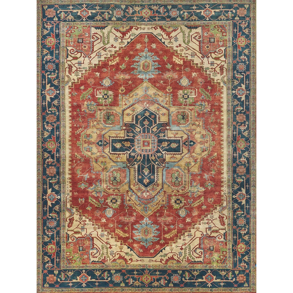 EXQUISITE RUGS Antique Weave Serapi Hand-knotted New Zealand Wool Red/Navy Area Rug.