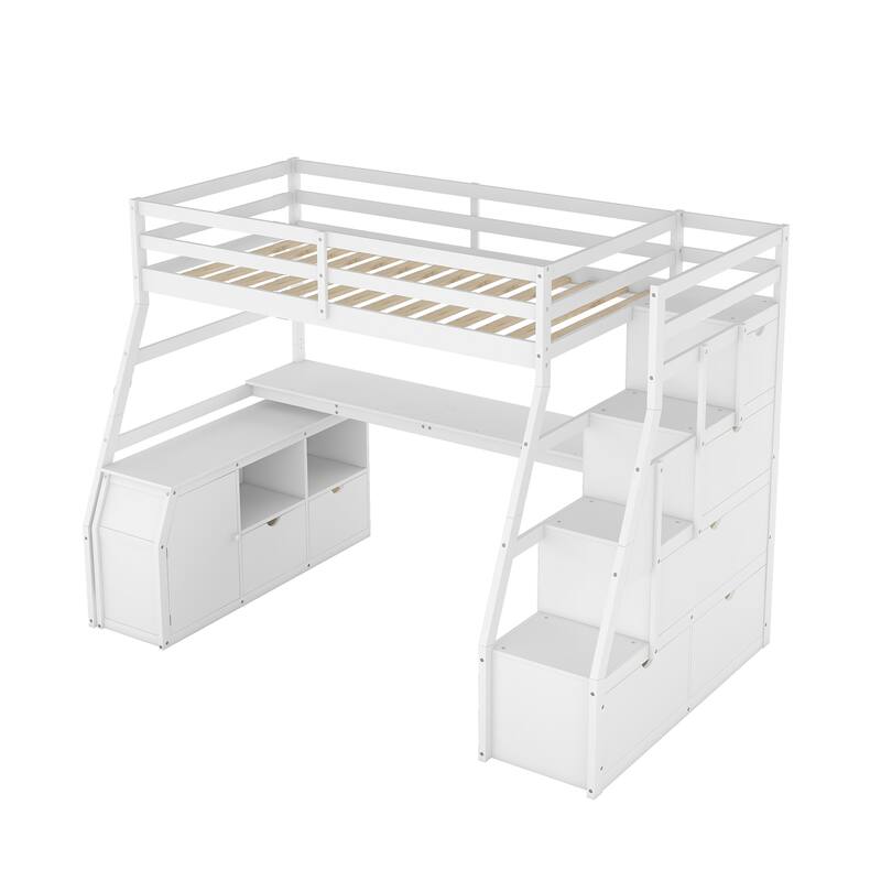 Twin Size Loft Bed with Drawers, Shelves, and Desk in White