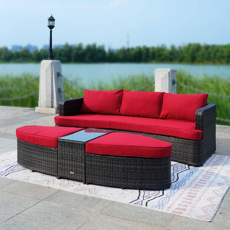 5-piece Patio Wicker Daybed Sectional Sofa Set with Side Table